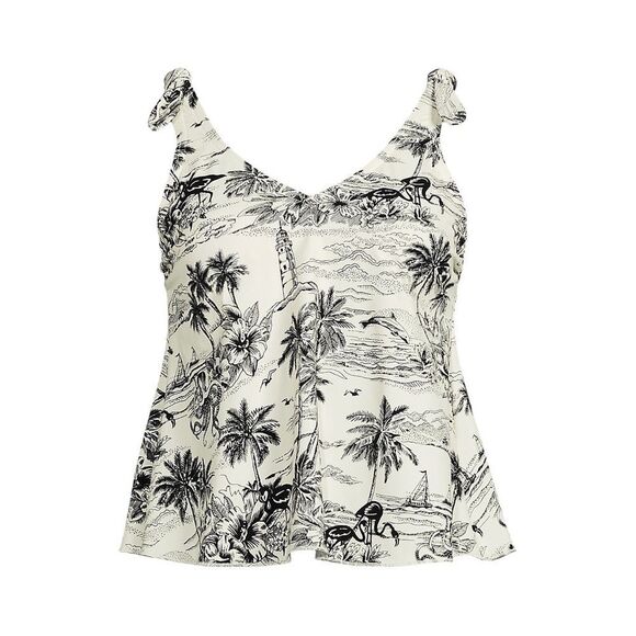 Land's End tie shoulder flutter tankini top olive green pansy floral size 14 D - Picture 6 of 7